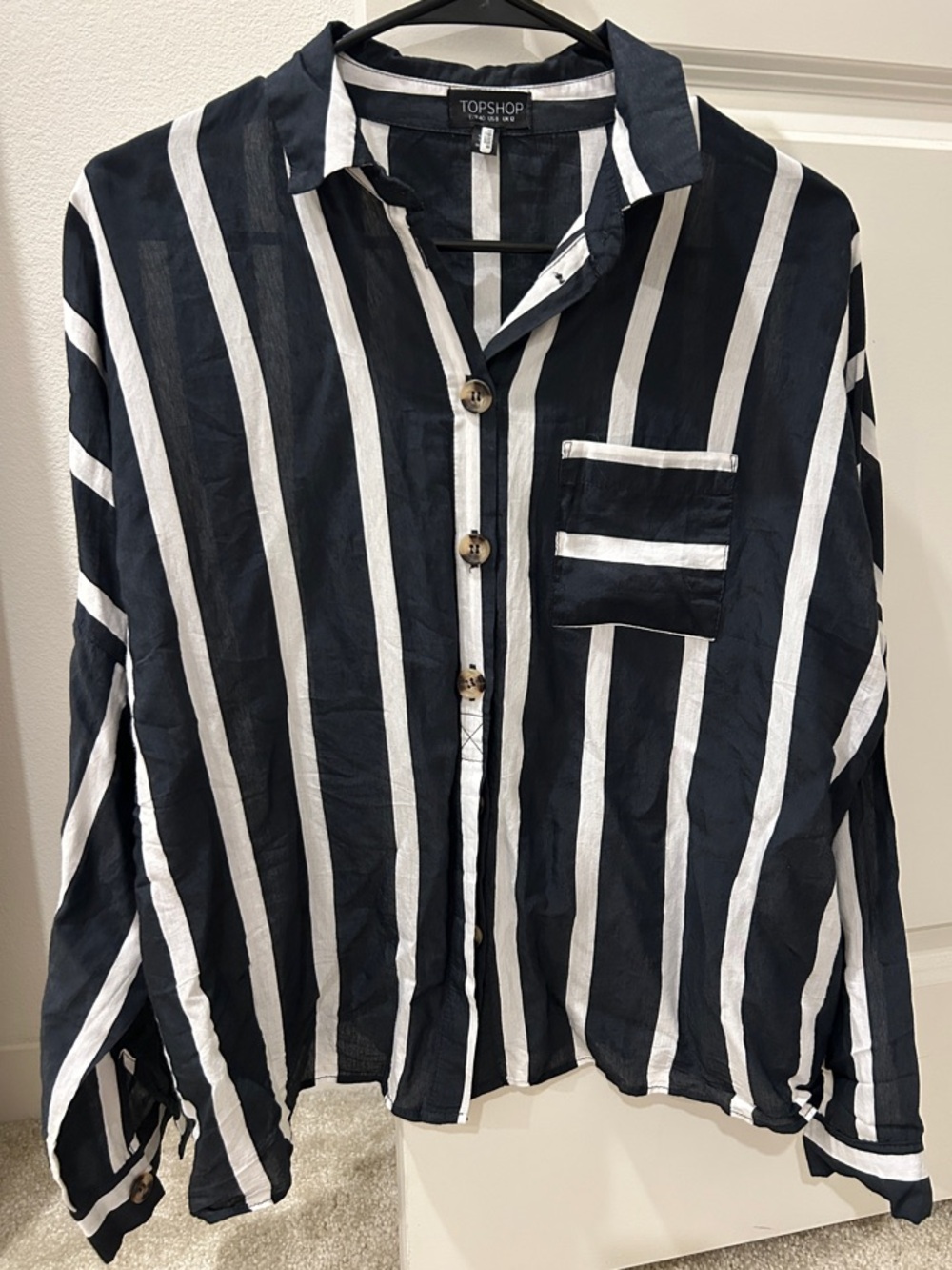 Topshop Black and White Vertical Stripe Button-Down Shirt